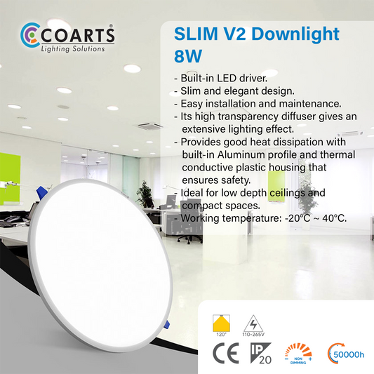 Coarts Slim V2 8W LED recessed downlight with ultra-slim ceiling design for modern residential lighting in Pakistan
