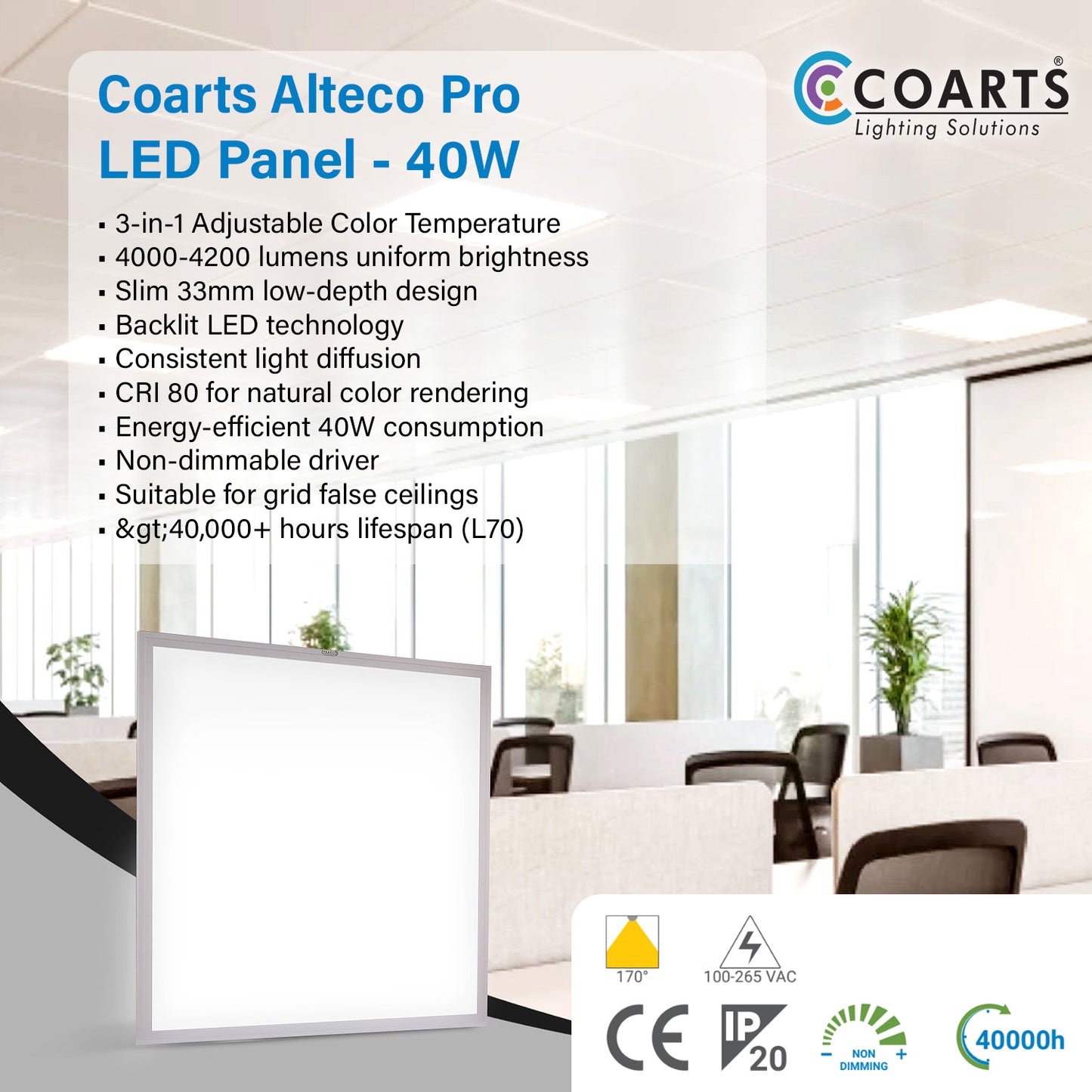 Coarts Alteco Pro 40W 3-in-1 LED Panel Light 2x2 – Grid Ceiling Light | Price in Pakistan