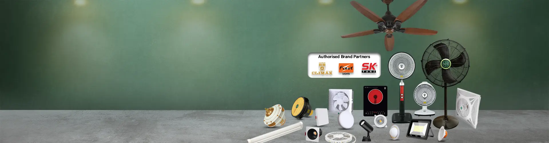 NJS Worldwide banner showcasing a variety of fans and LED lights with logos of authorised brand partners Climax, Fast Lights, and SK Fans.