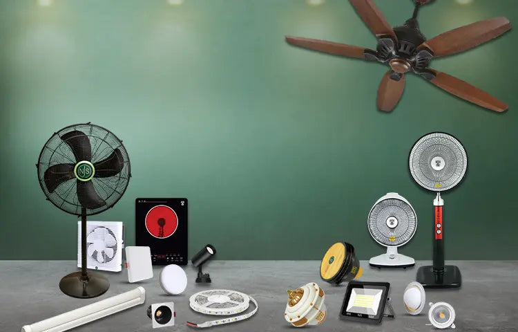 NJS Worldwide banner showcasing a variety of fans and LED lights with logos of authorised brand partners Climax, Fast Lights, and SK Fans.