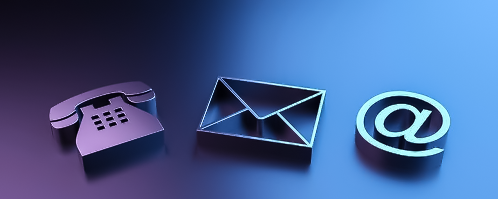 Phone, envelope, and email symbol icons on a blue gradient background