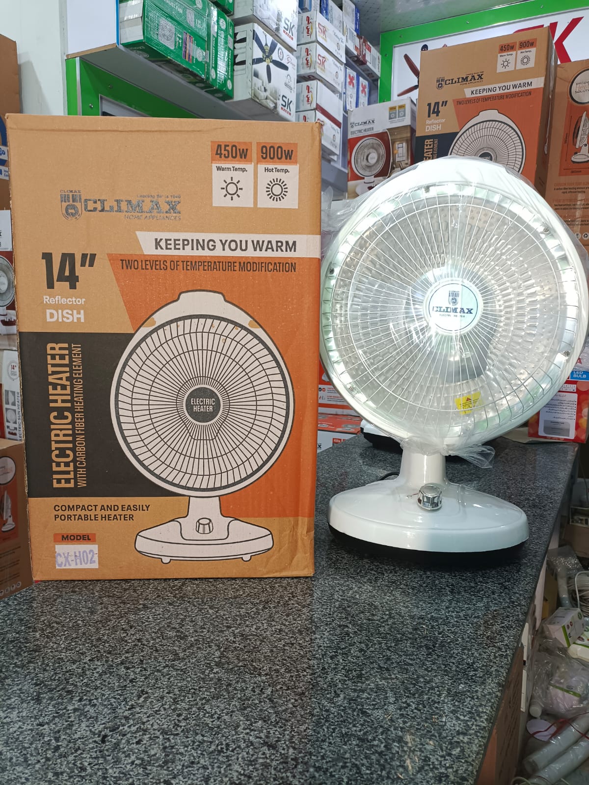 Climax CX-H02 Electric Sun Heater – 14" Dish, 450/900W | Halogen & Dish Heater | Energy-Saving & Durable