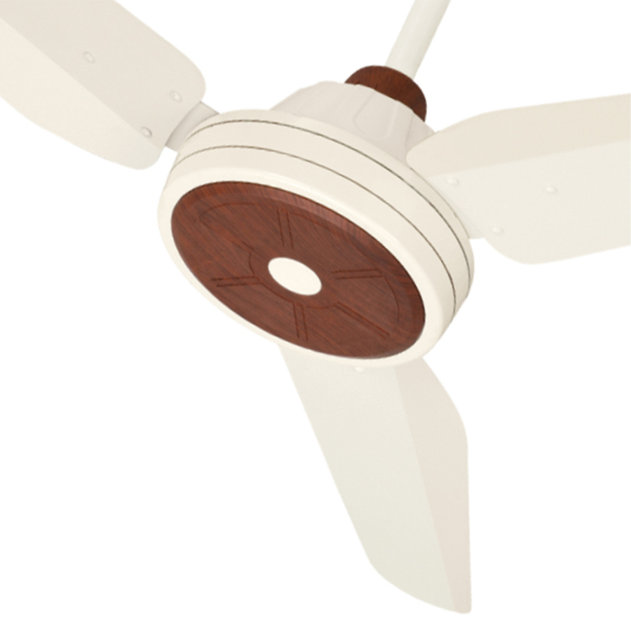 NJS Floral model Ceiling fan in off-white color with wooden texture in center and off-white blades on white background