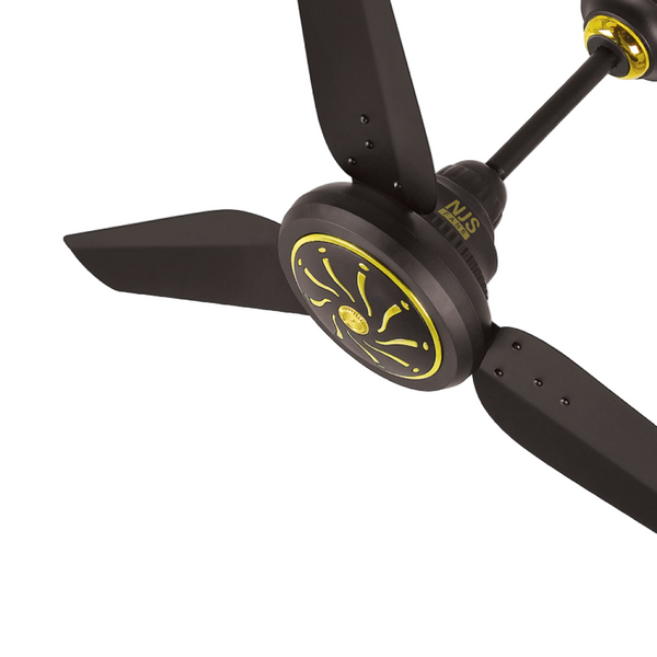 NJS Icon model ceiling fan in black color with golden design in center and black blades on white background