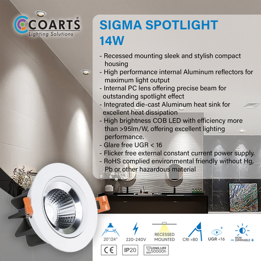 Coarts Sigma 14W COB LED recessed spot light with premium architectural finish for modern residential and commercial accent lighting in Pakistan